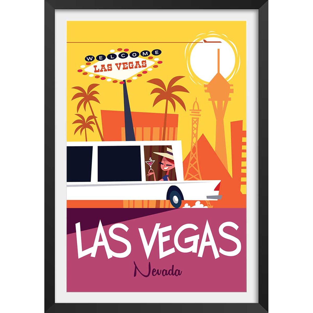 Affiche Road Trip à Vegas affiche + cadre en bois - noir, HEXOA
