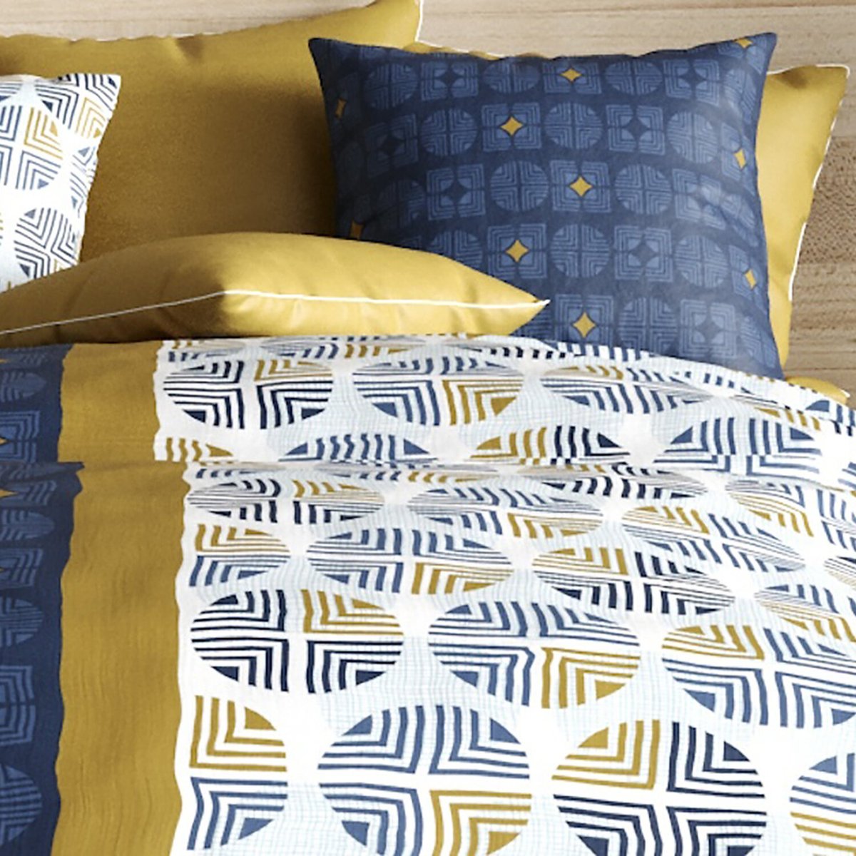Parure housse de couette imprimée + taie(s) en coton, Sirius bleu, ATELIER DU COTON