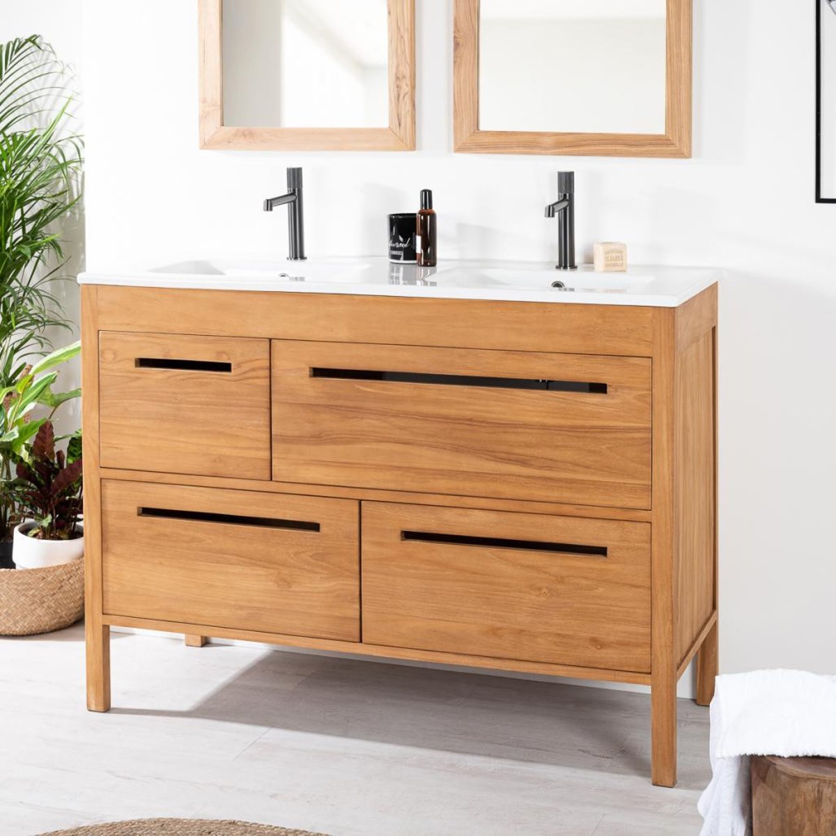 Meuble salle de bain en teck massif et céramique 120 cm SIRA crème, WANDA COLLECTION