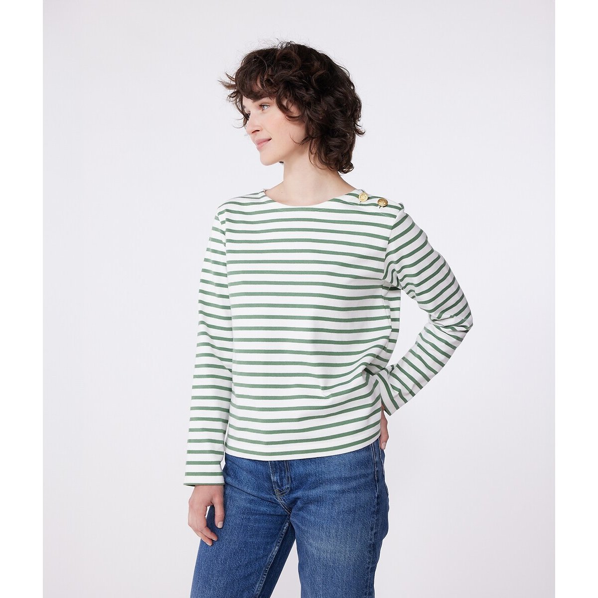 Marinière en coton manches longues blanc/vert, PETIT BATEAU