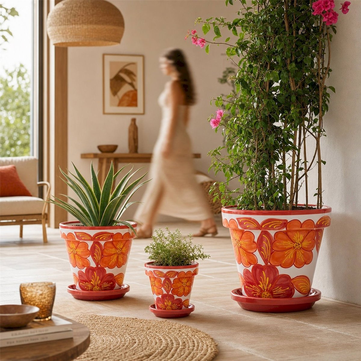 Cache-pot en céramique motif fleurs orange et blanc, RECOLLECTION