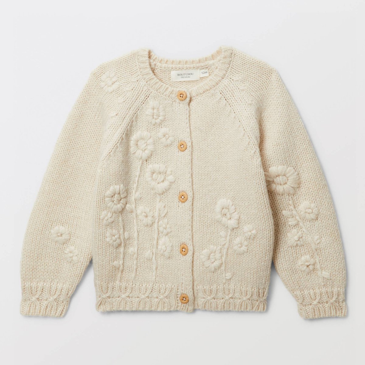 Cardigan tricot brodé contenant de la laine naturel, BOUT'CHOU
