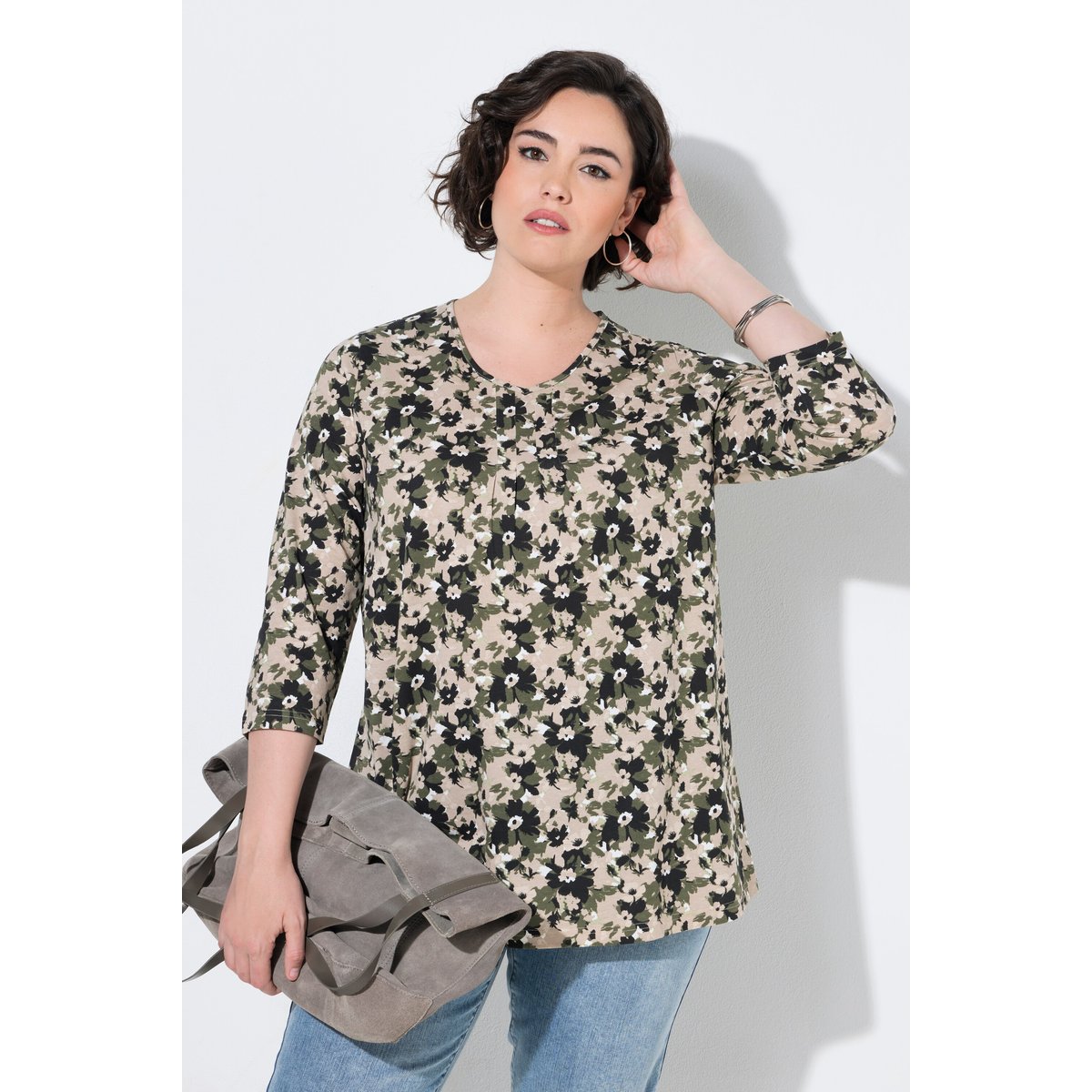 T-shirt à fleurs, plis fantaisie gris olive, ULLA POPKEN