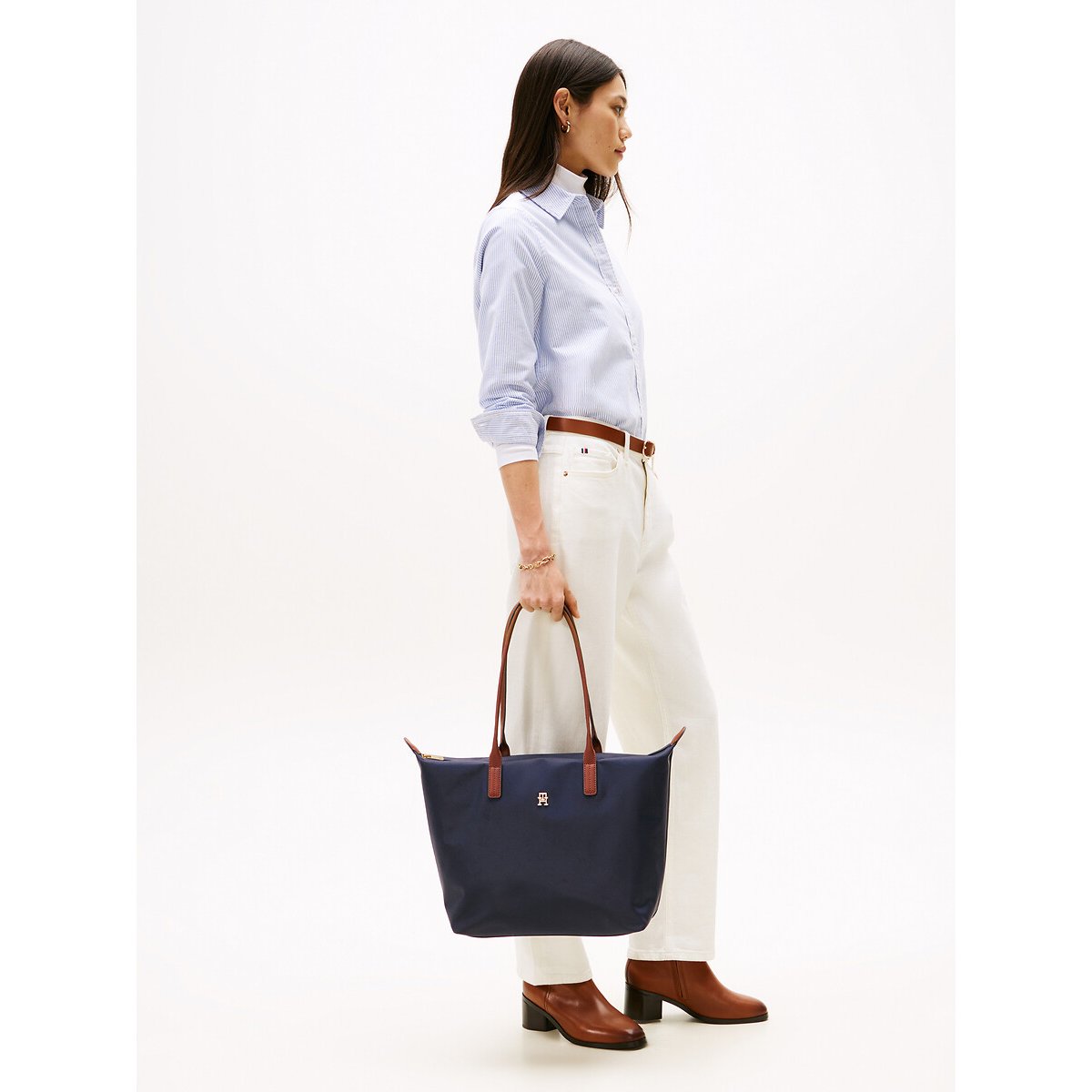 Tote bag con dettagli in pelle blu marino, TOMMY HILFIGER