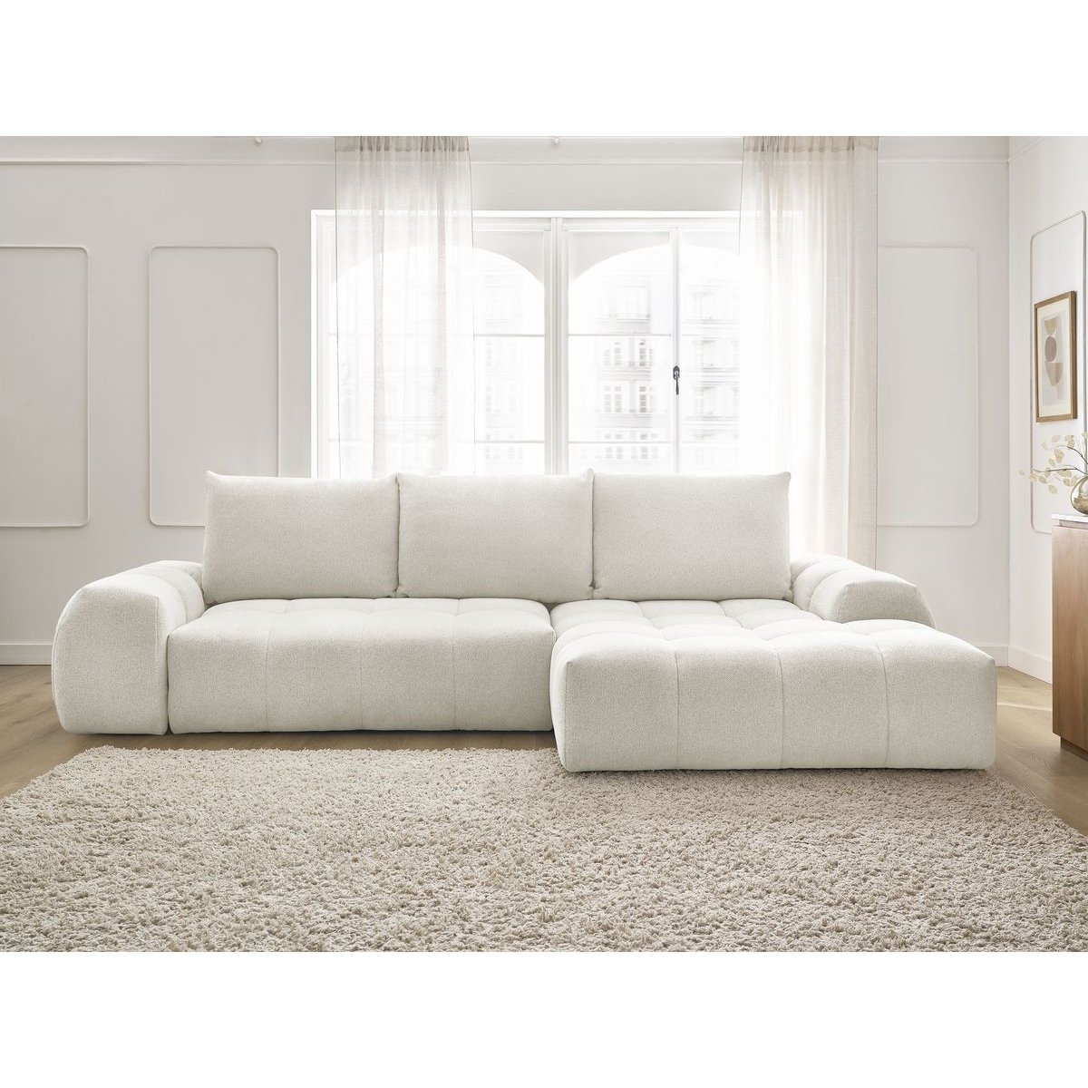 Canapé d'angle convertible 3 places en tissu chiné, EVEREST blanc, BOBOCHIC