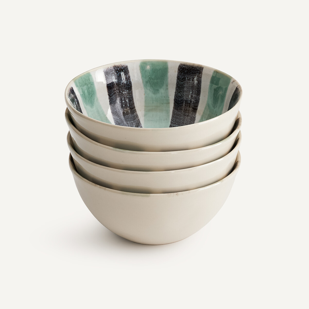 Lot de 4 bols à céréales en grès rayé, diamètre 17 cm, VIANA vert de gris/noir, AM.PM