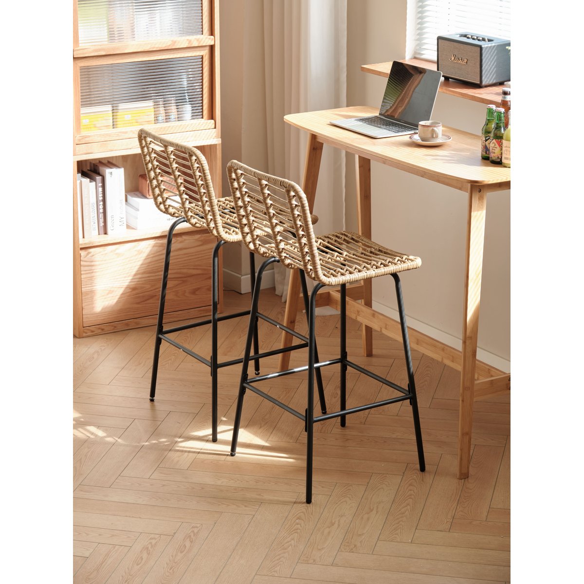 Lot de 2 tabourets de bar en rotin, BANGKOK marron, NORDLYS