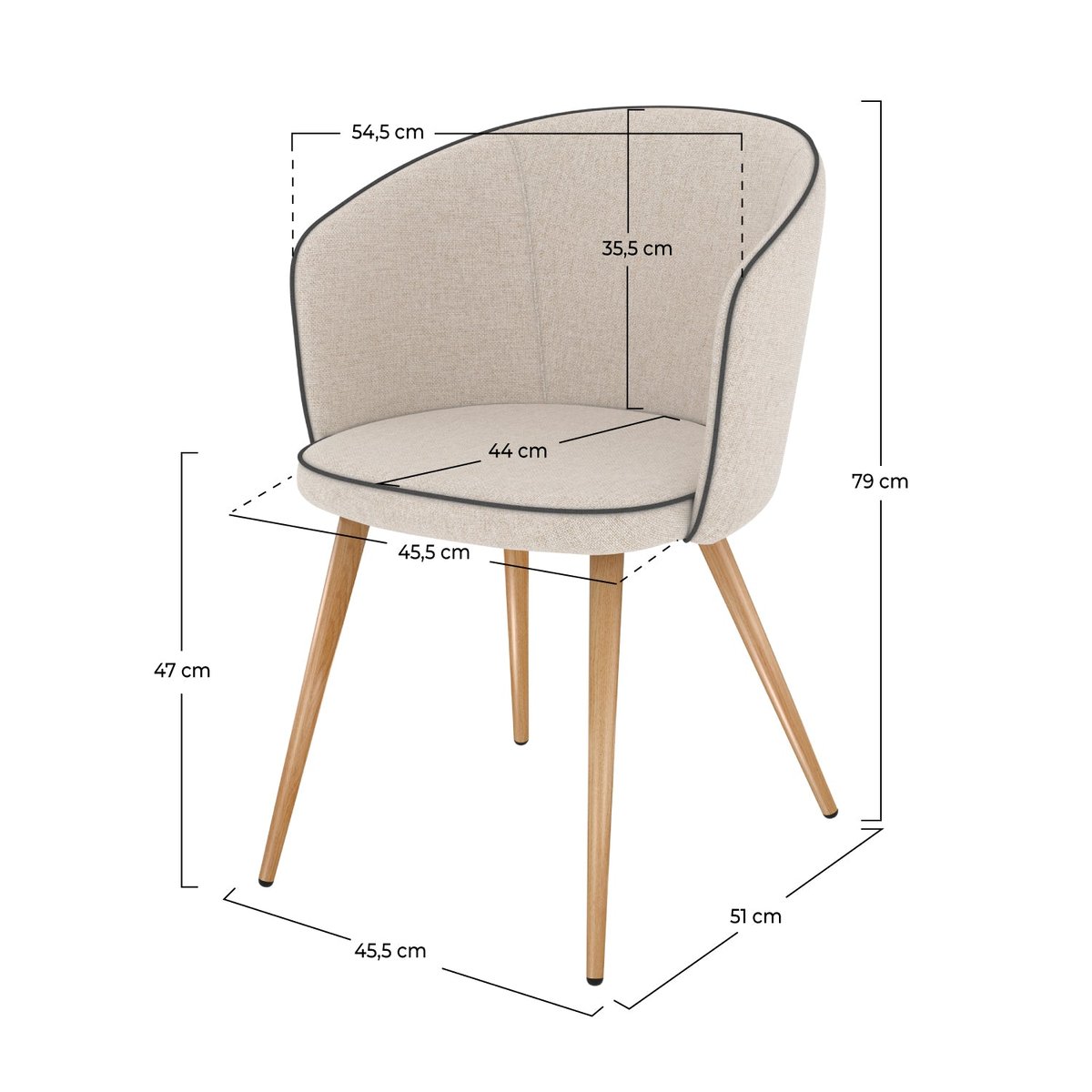 Lot de 2 chaises en tissu et pieds en métal - CHIARA beige, pieds bois clair, MAISON PAVANE