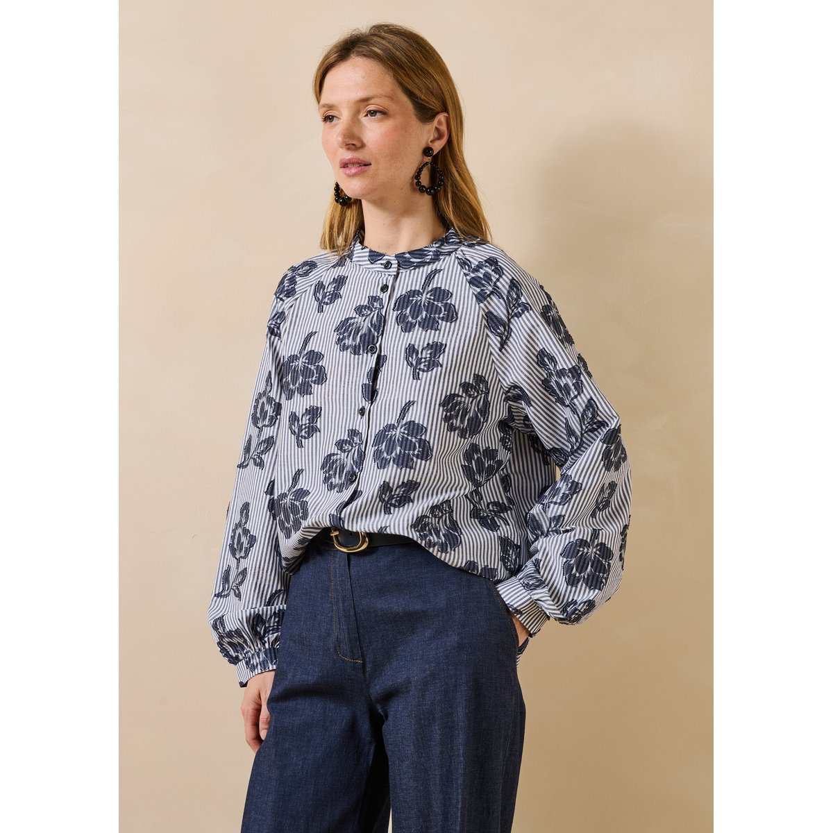 Chemise à rayures et motif en jacquard manches longues denim, LA FEE MARABOUTEE