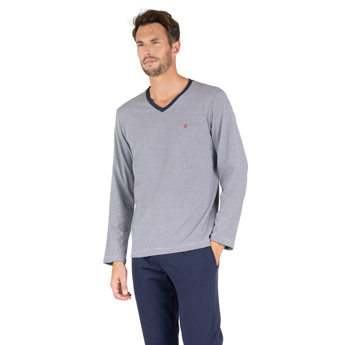 Pyjama col V, haut rayé bleu marine, EMINENCE