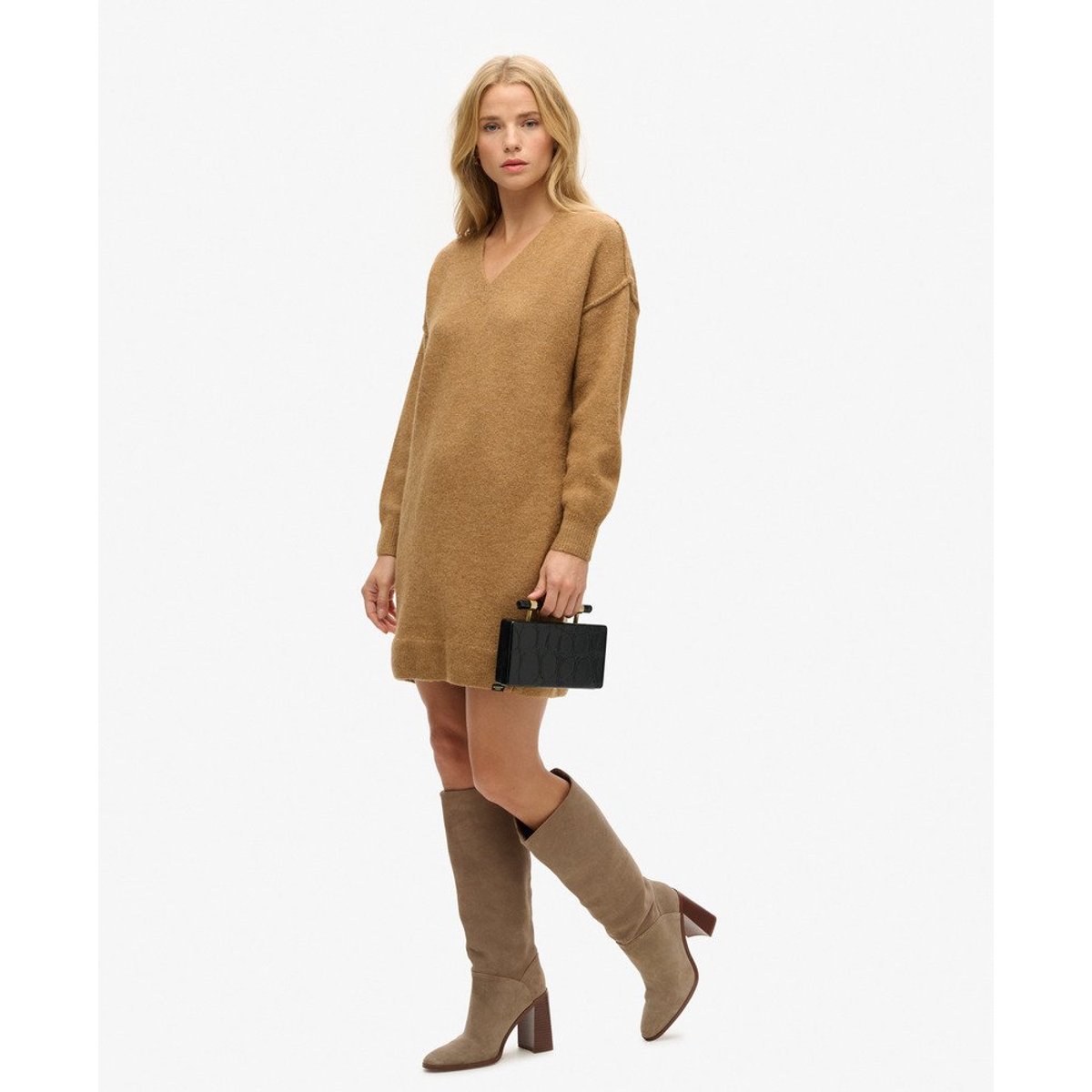 Robe pull en maille à col en V beige peau chiné, SUPERDRY