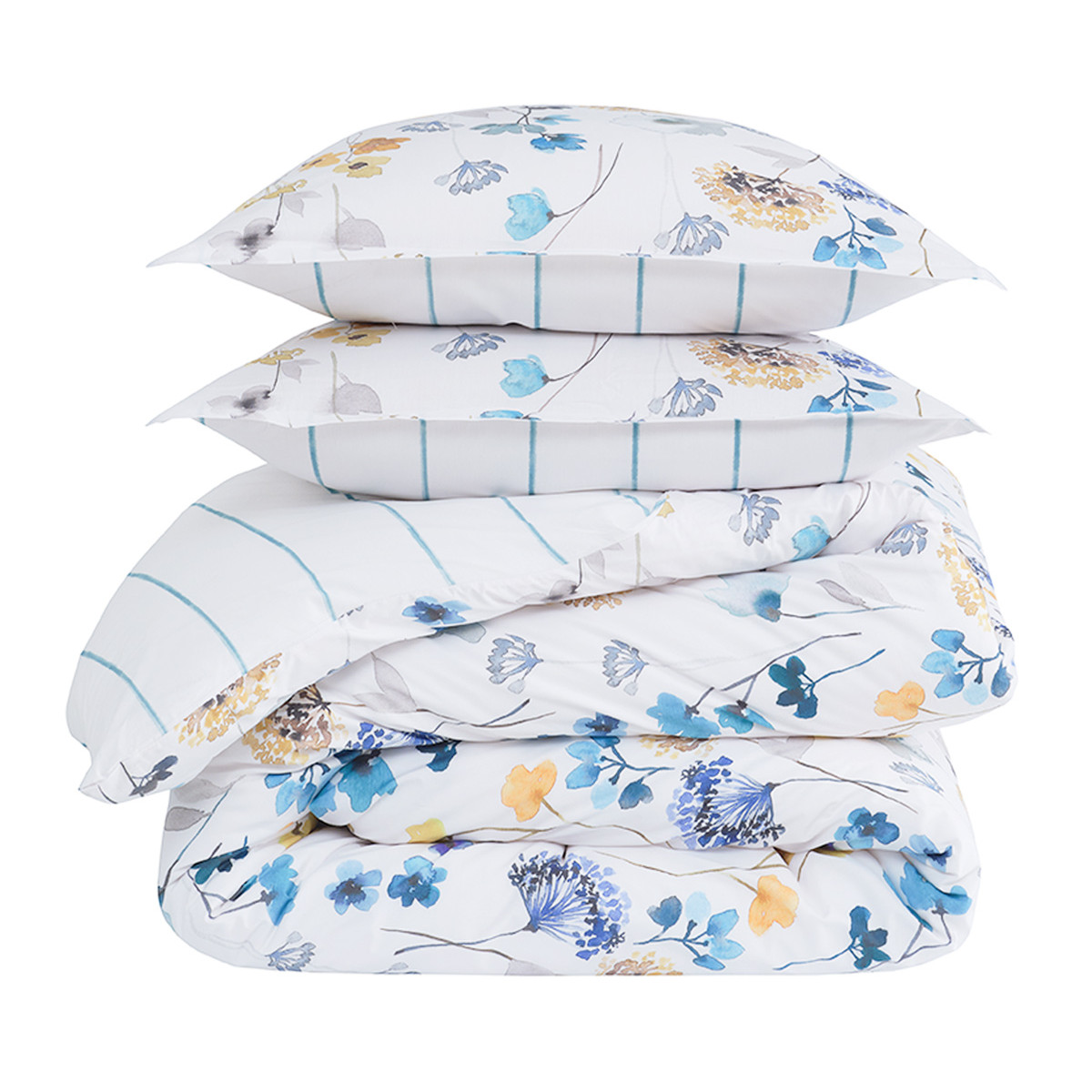 Parure housse de couette percale avec 2 taies 50x70 cm AGATHA aqua sea, SENSEI MAISON