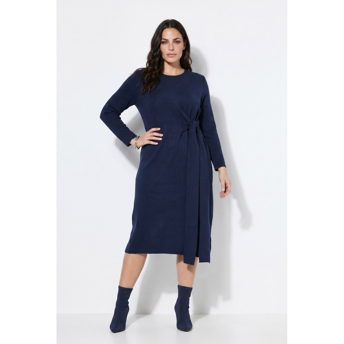 Robe maxi en maille, ruban fantaisie marine, ULLA POPKEN