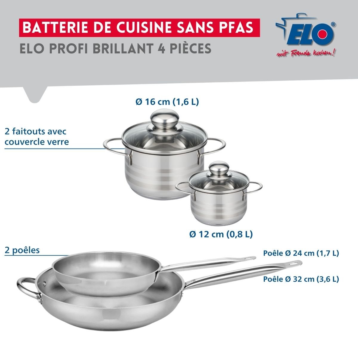 Batterie 2 poêles 24/32cm + 2 faitouts 12/16cm PROFI BRILLANT gris, ELO