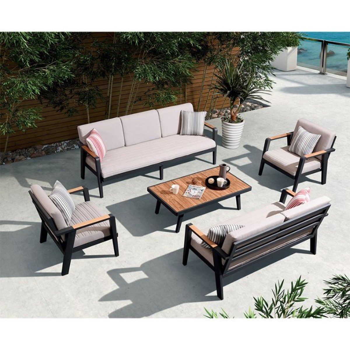 Salon de jardin en aluminium et teck, LOVY XL gris anthracite, AU JARDIN DE CHLOÉ