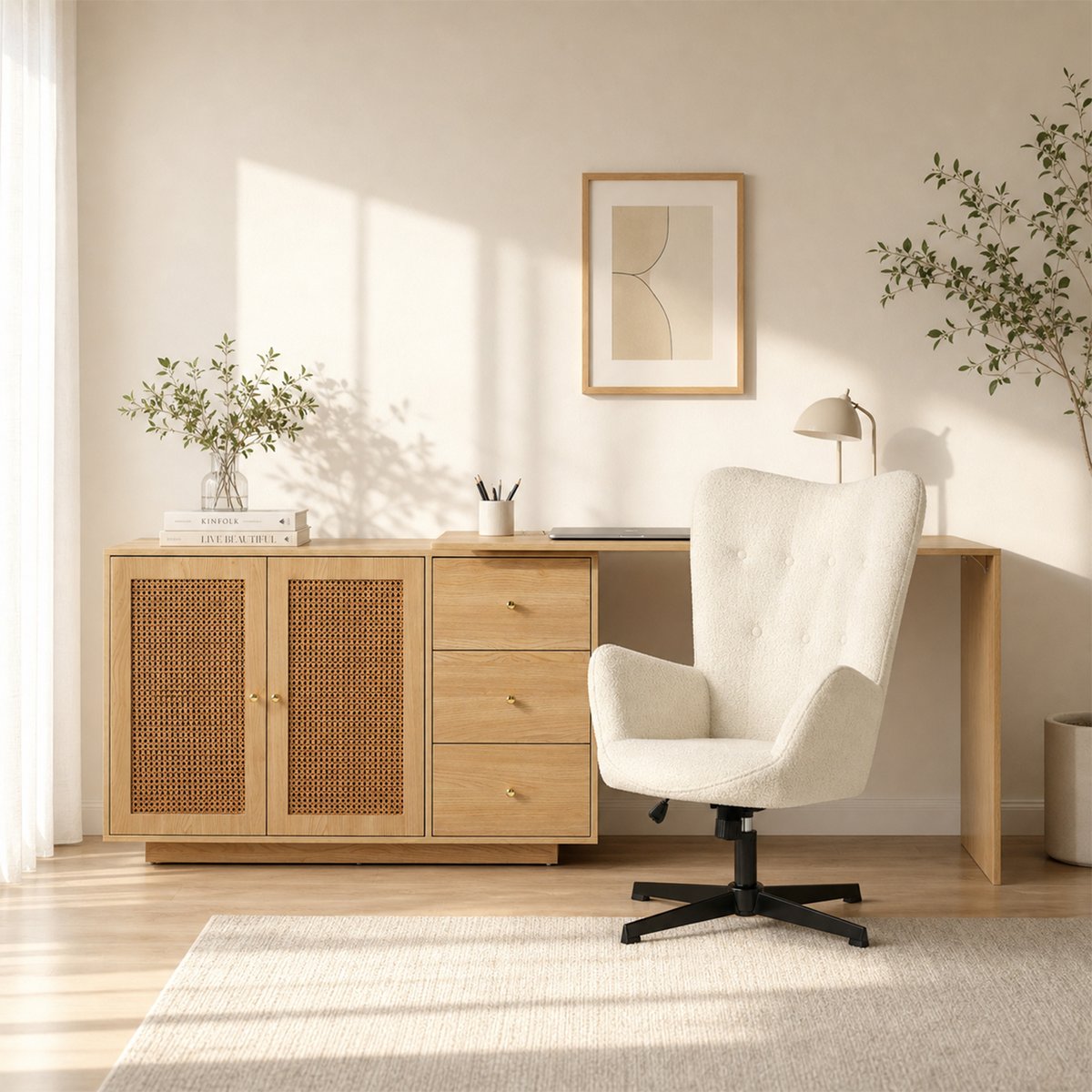 Ensemble de bureau d’angle rotatif avec portes rotin et chaise de bureau, DICCPERNFUCHS blanc, MEUBLES COSY