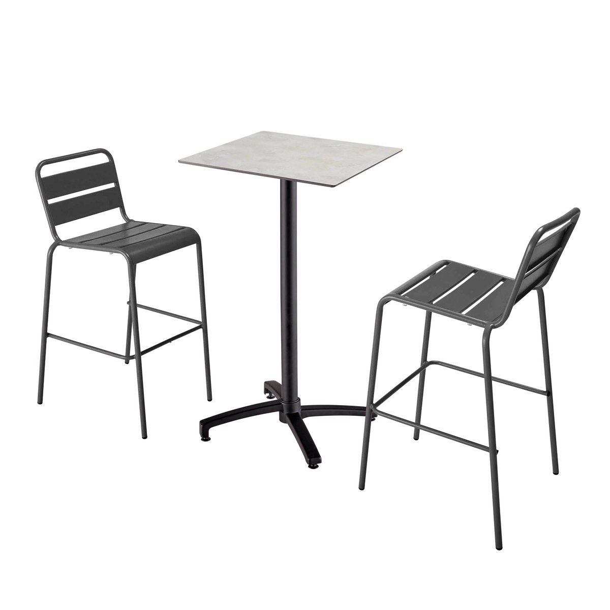Table haute en HPL inclinable et 2 chaises hautes en métal, OPERA gris, OVIALA