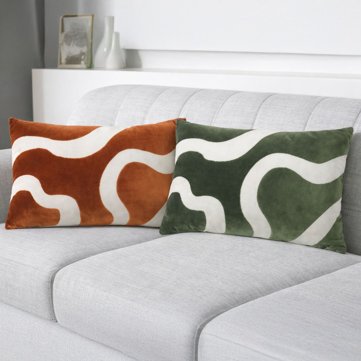 Coussin rectangulaire en velours à motif abstrait vert, DOUCEUR D'INTÉRIEUR