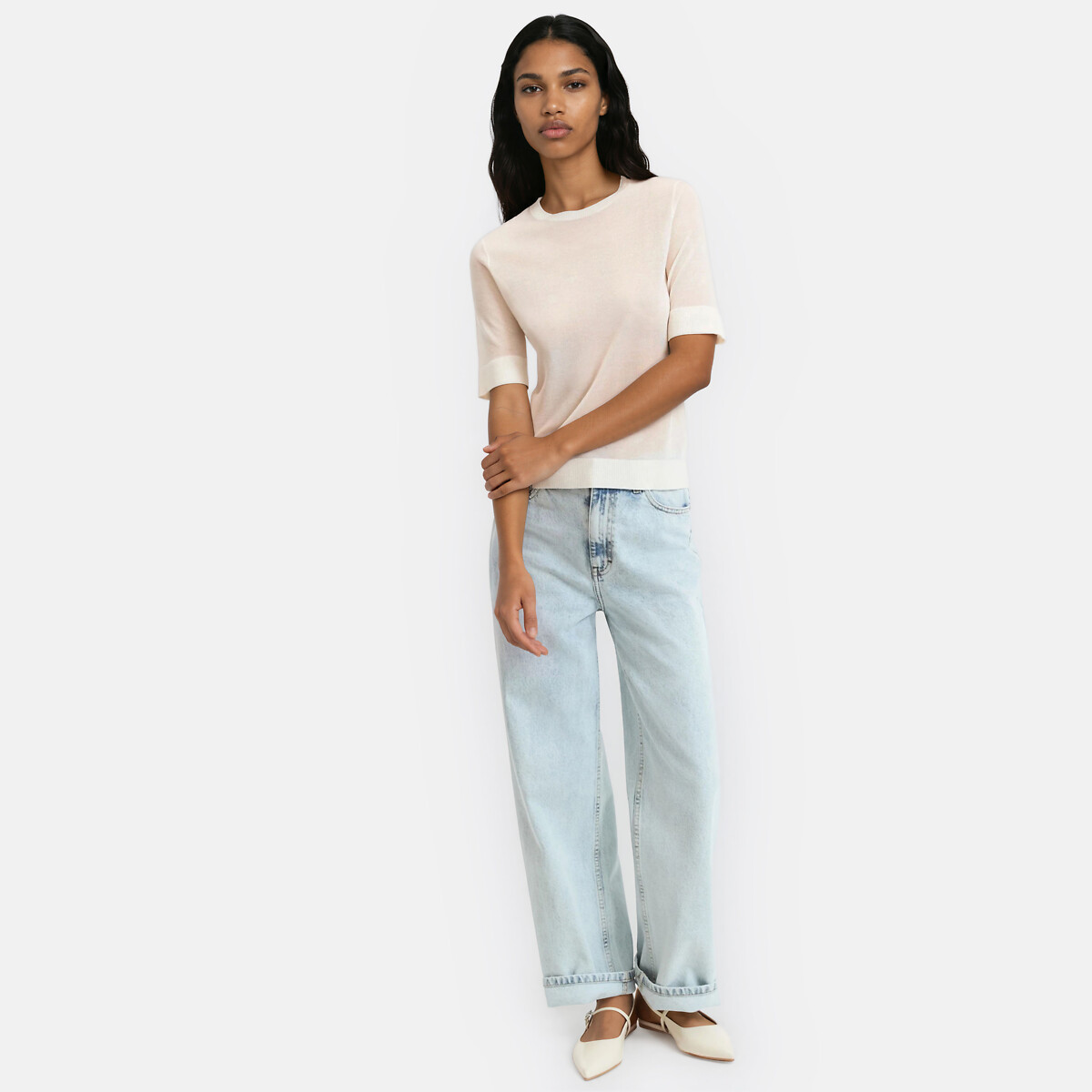 Crew Neck Fine Knit Jumper ivory, LA REDOUTE COLLECTIONS