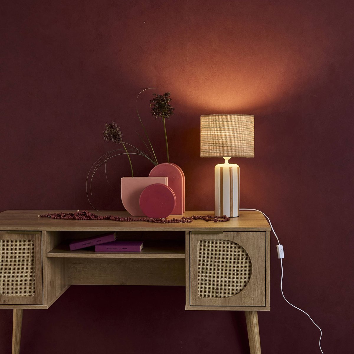 Lampe de table intérieur céramique abat-jour effet rotin H 44cm AURORE moutarde, SWEEEK