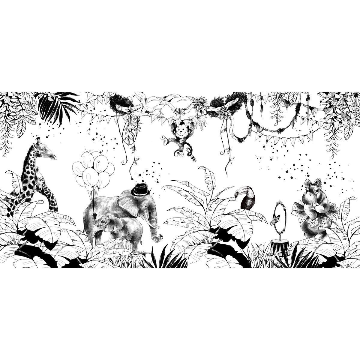 Papier peint panoramique Cirque de la jungle, Noir et blanc 425 x 250cm noir et blanc, ACTE DECO