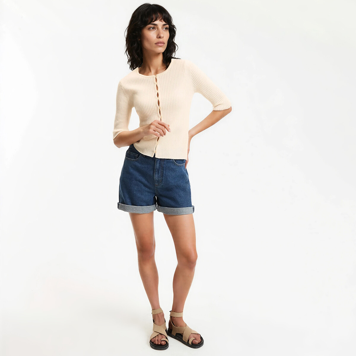 Trui met ronde hals, in fijn ribtricot, wol-katoenmix ivoor, LA REDOUTE COLLECTIONS