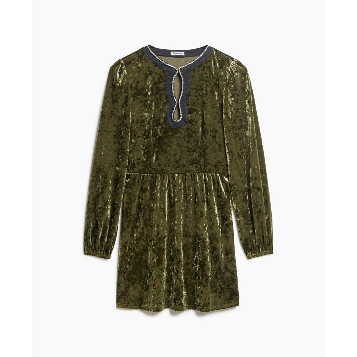 Robe courte en velours ornée de strass kaki clair, SUPERDRY