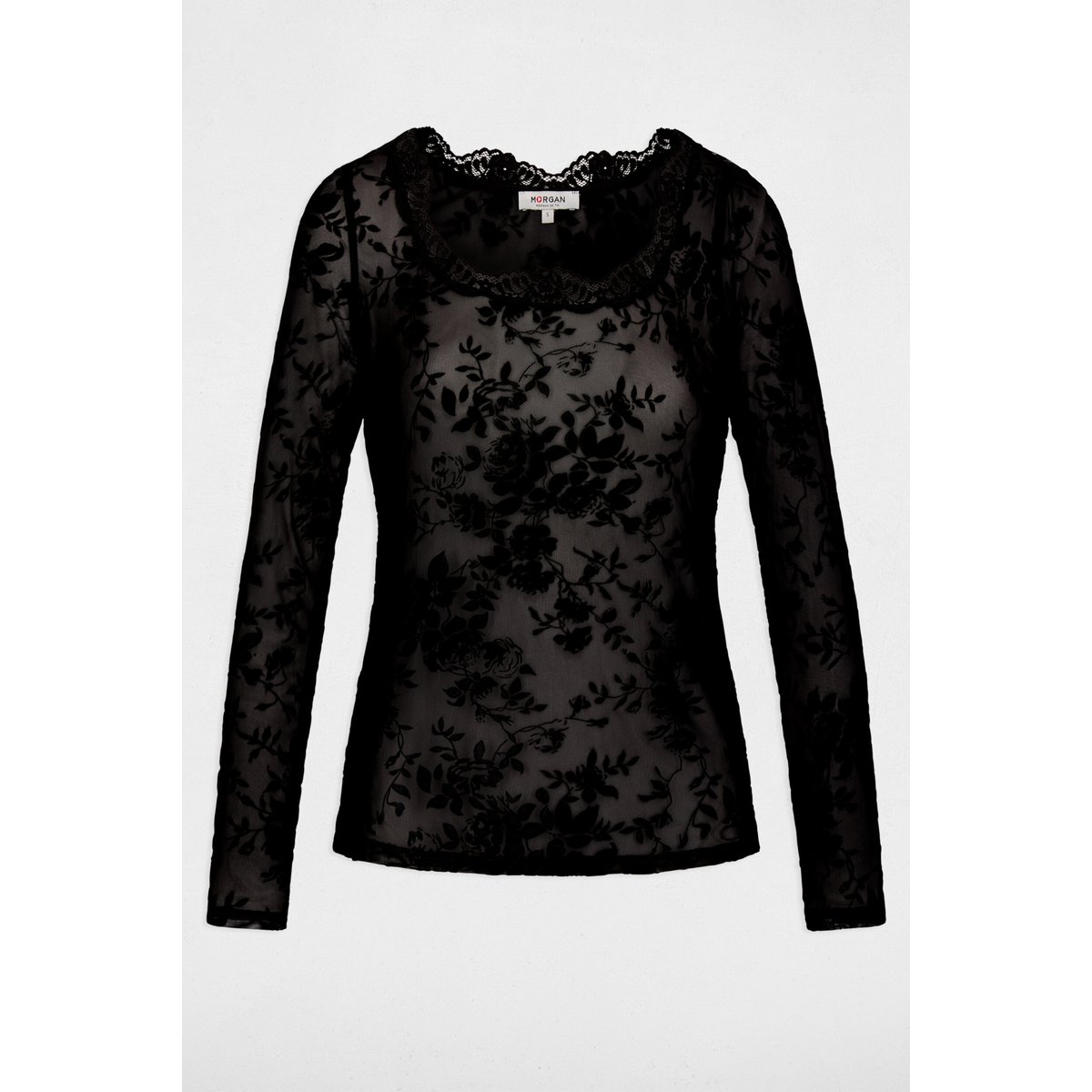 T-shirt dentelle col coeur noir, MORGAN