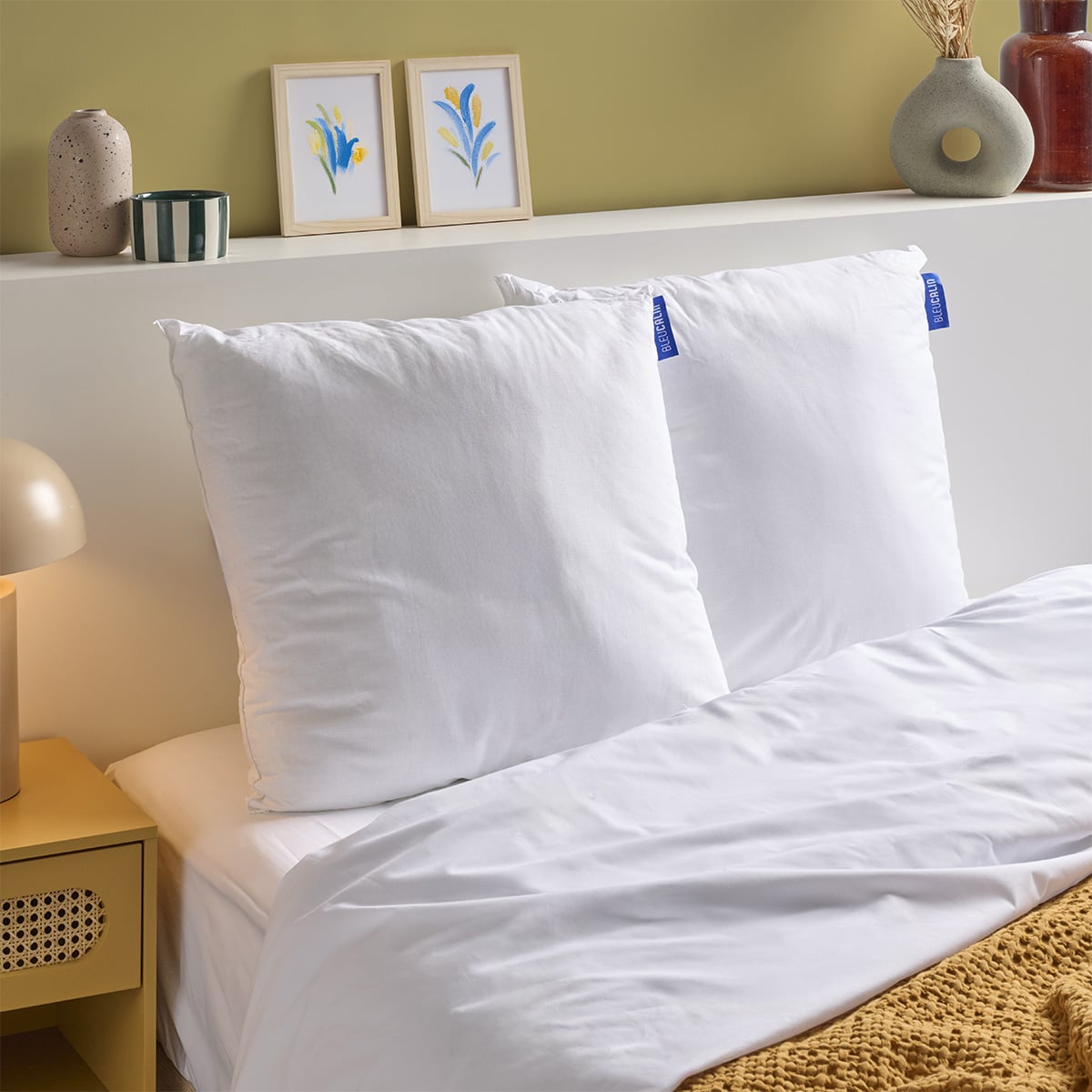 Lot de 2 Oreillers Moelleux COTON BIO blanc, BLEU CALIN