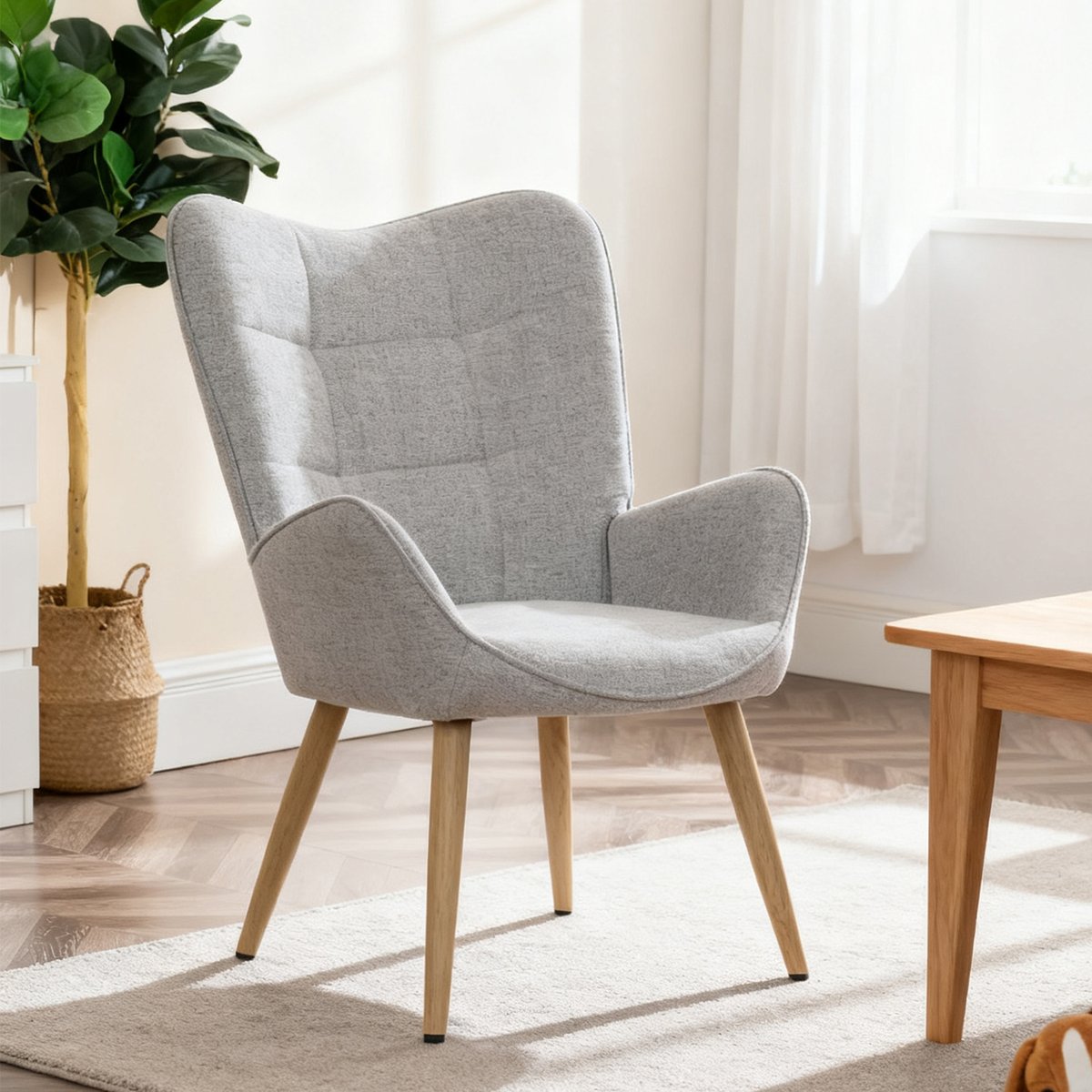 Fauteuil confortable bas style scandinave dossier moyen assise confortable pieds métal effet bois, KANAS gris clair, MEUBLES COSY