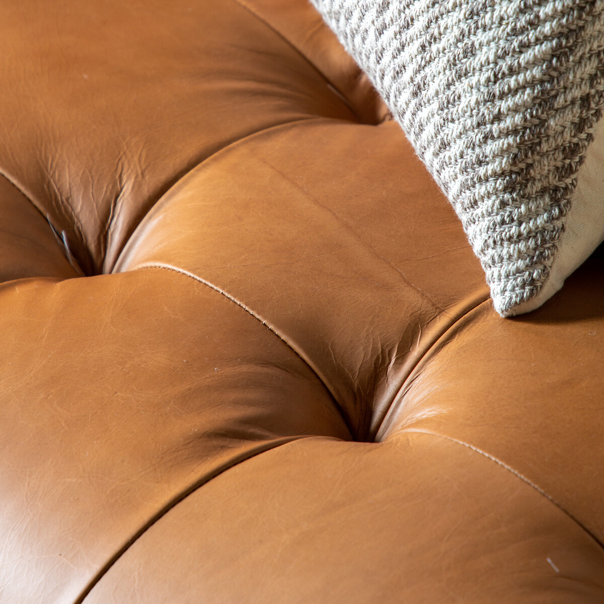 Navsari Leather Buttoned 3 Seater Sofa with Solid Ash Legs brown , SO'HOME