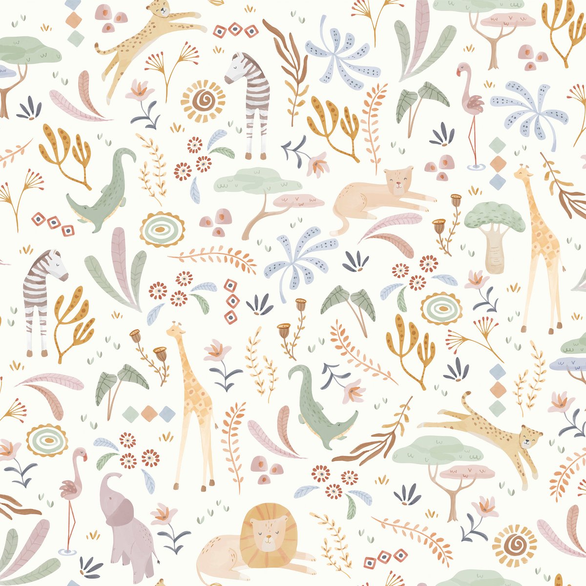Papier peint fleuri pour enfant Petits animaux de la savanne multicolore, LITTLE DUTCH