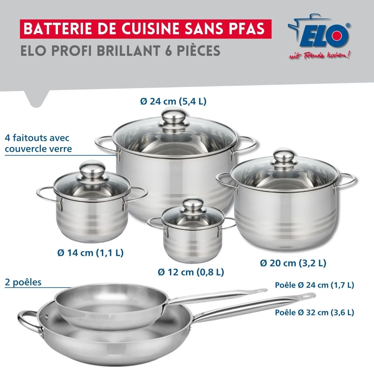 2 poêles 24/32cm + 4 faitouts 12/14/20/24cm PROFI BRILLANT gris, ELO