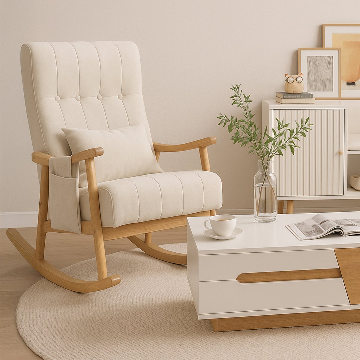 Fauteuil à bascule style scandinave tissu lin, RAMOND beige, MEUBLES COSY