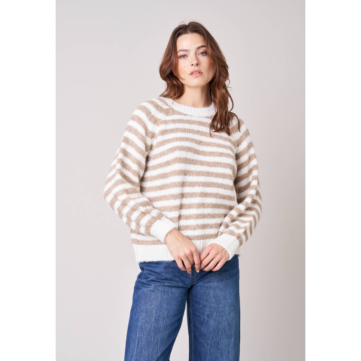 Pull femme rayé en maille douce IPHIGENIE taupe clair, DEELUXE