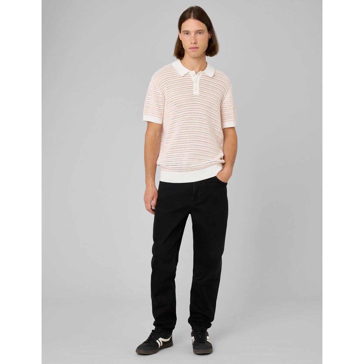 Polo en maille ajourée rayée rose pâle, BZB