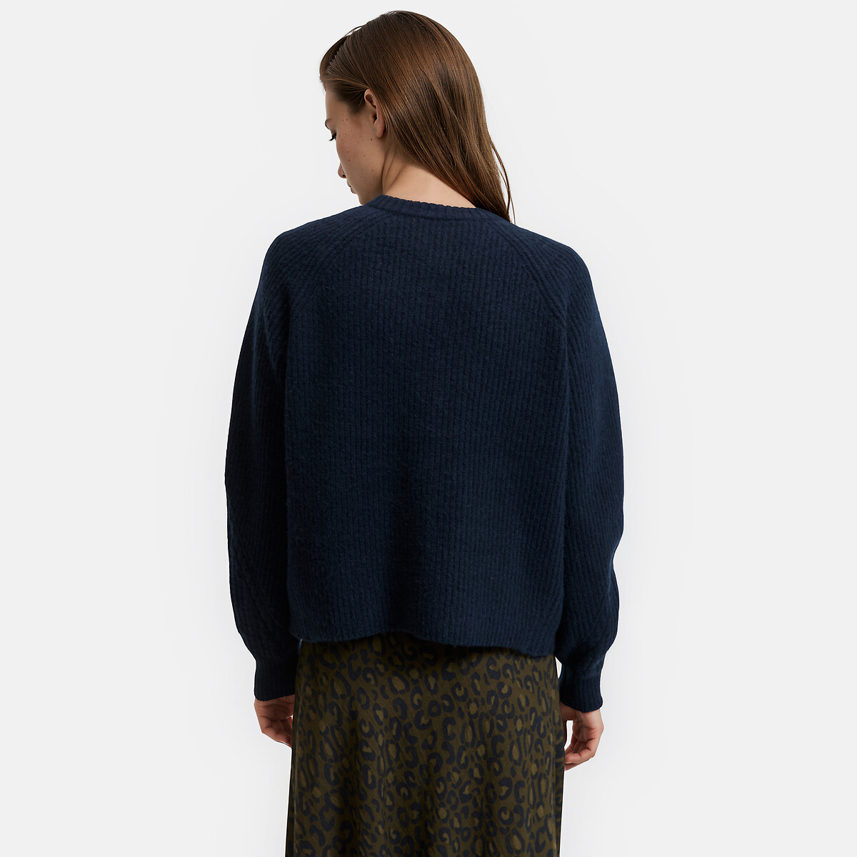 Cardigan col rond, en maille côtelée, avec détails au bas des manches bleu marine, LA REDOUTE COLLECTIONS