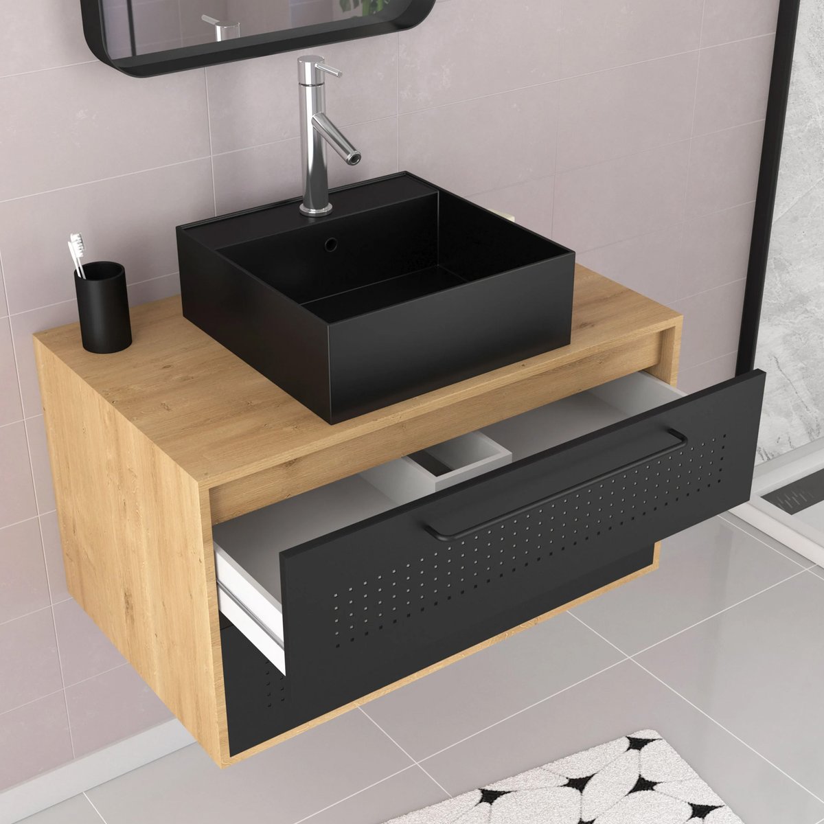 Set meuble de salle de bains avec vasque carrée noir, HOME MAISON
