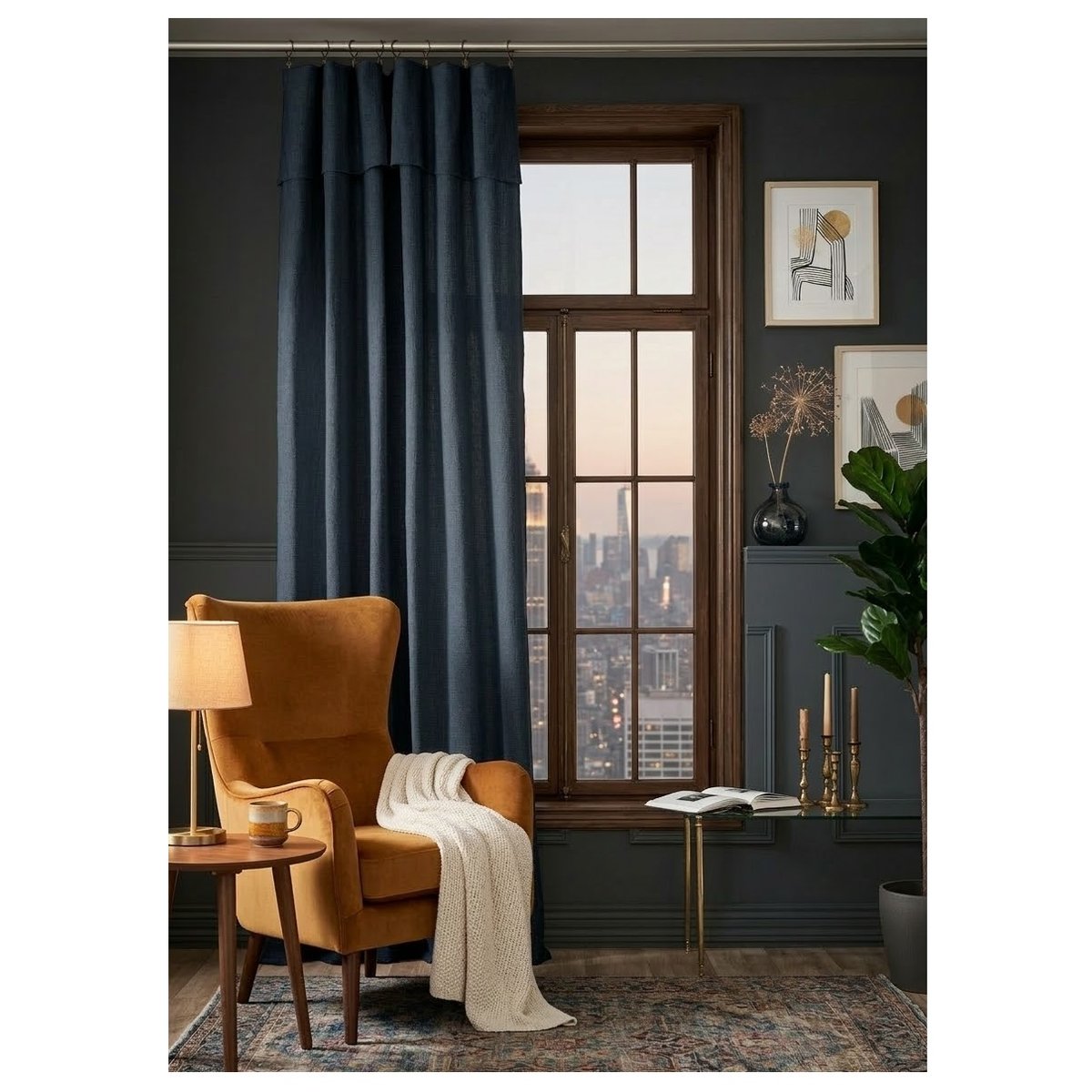 Rideau ajustable + 8 anneaux pince Sixtine bleufoncce, EDEN