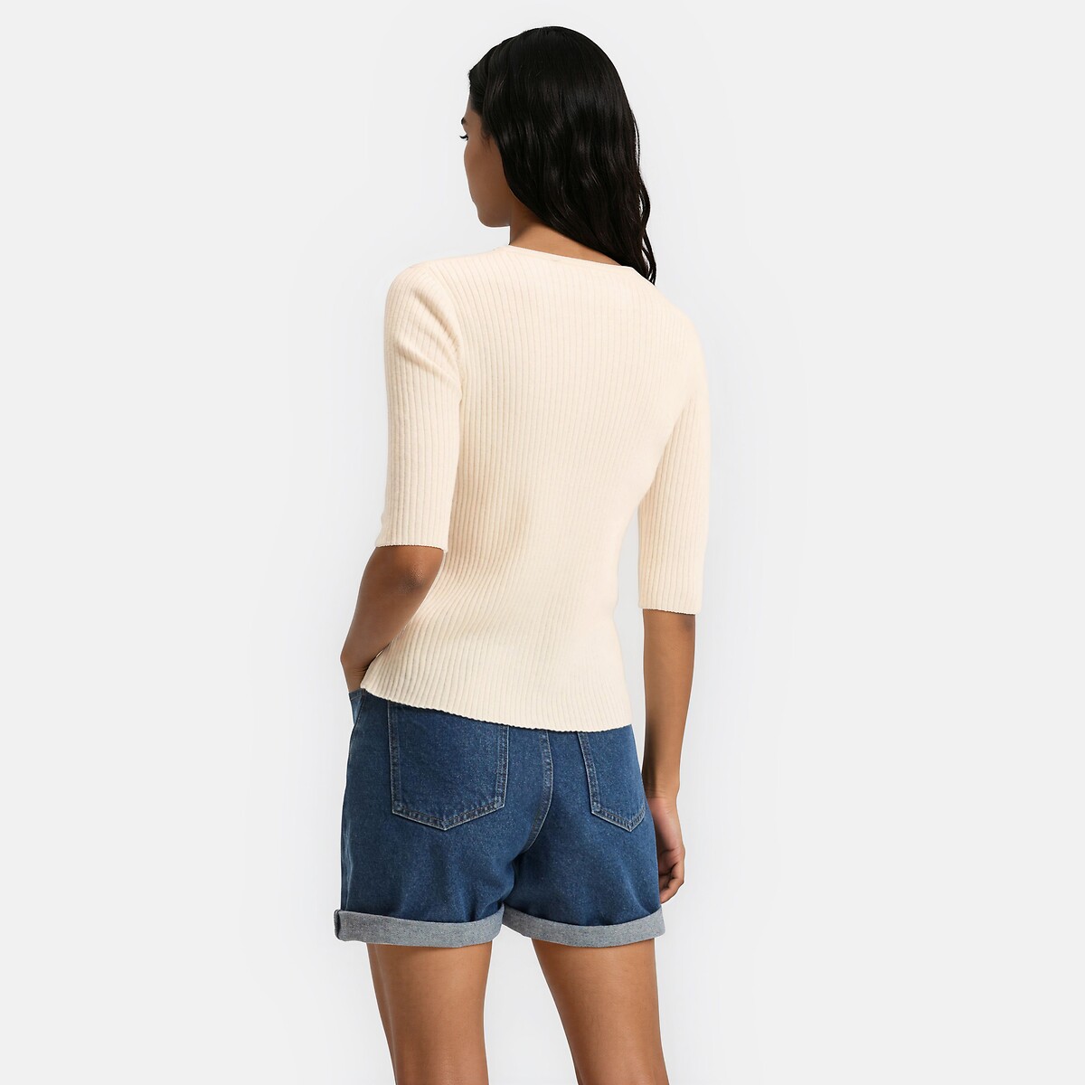 Pull col rond, en fine maille côtelée, laine et coton mélangés ivoire, LA REDOUTE COLLECTIONS