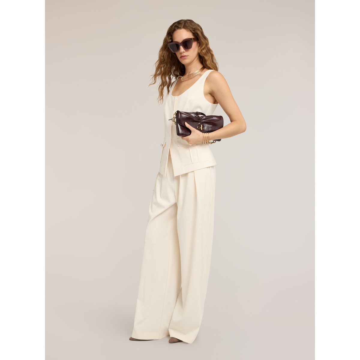 Pantalon palazzo taille haute avec pinces blanc, MOTIVI