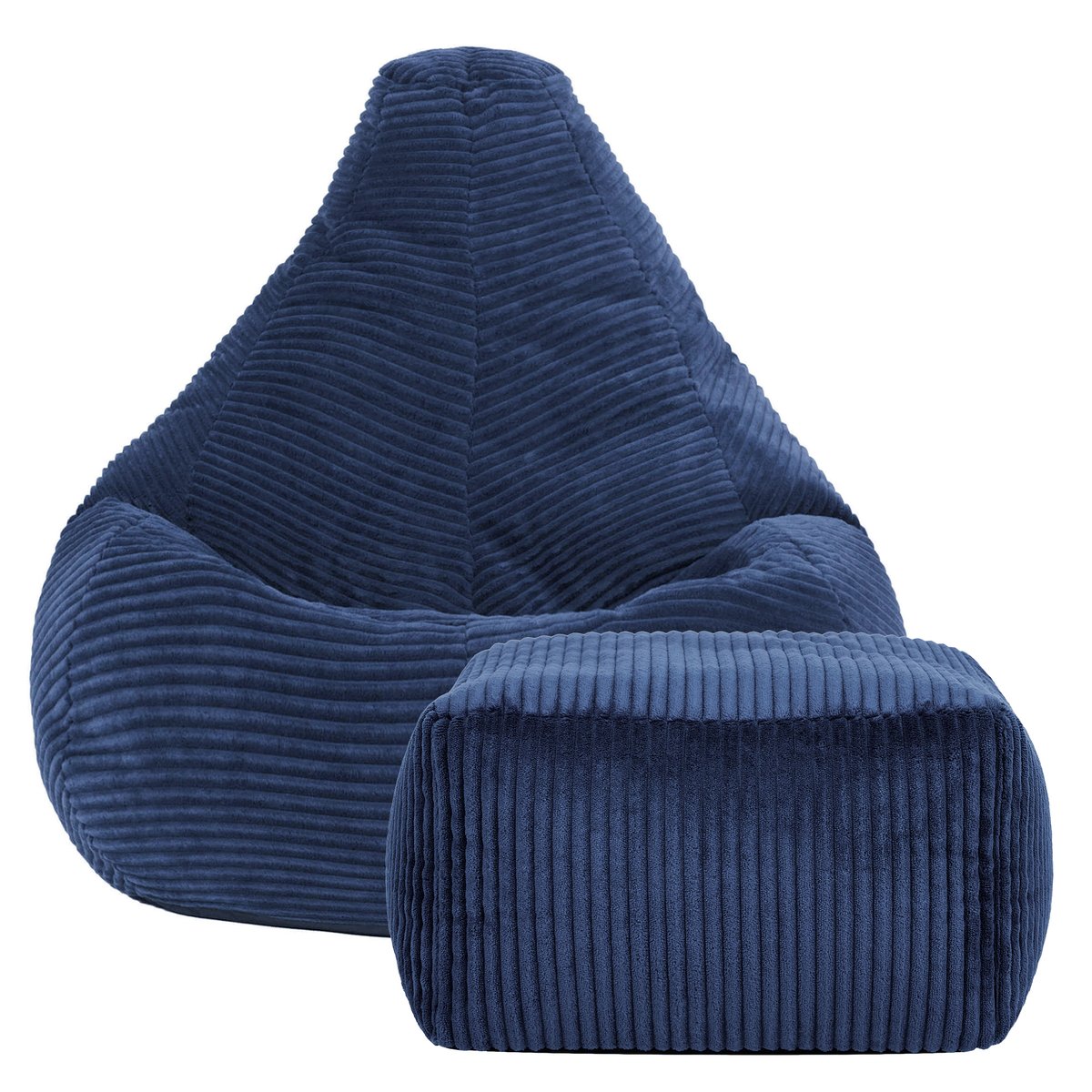 Pouf poire enfant à dossier haut avec repose-pieds carré assorti en velours côtelé Oeko-Tex® - DALTON bleu marine, ICON
