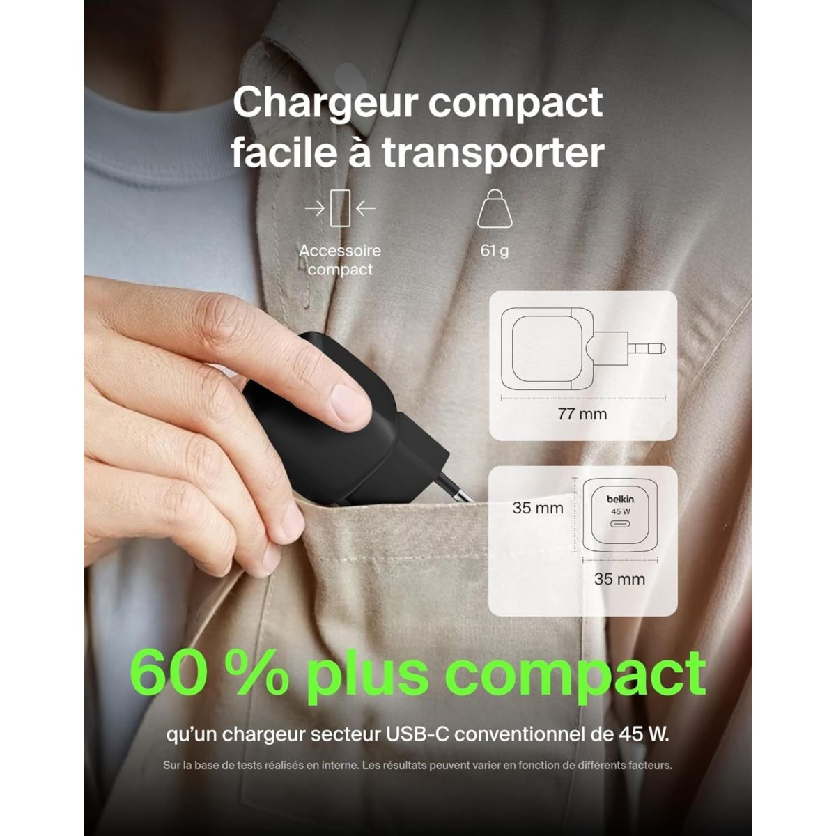 Chargeur 45W USB charge rapide & cable 1M Noir couleur unique, BELKIN