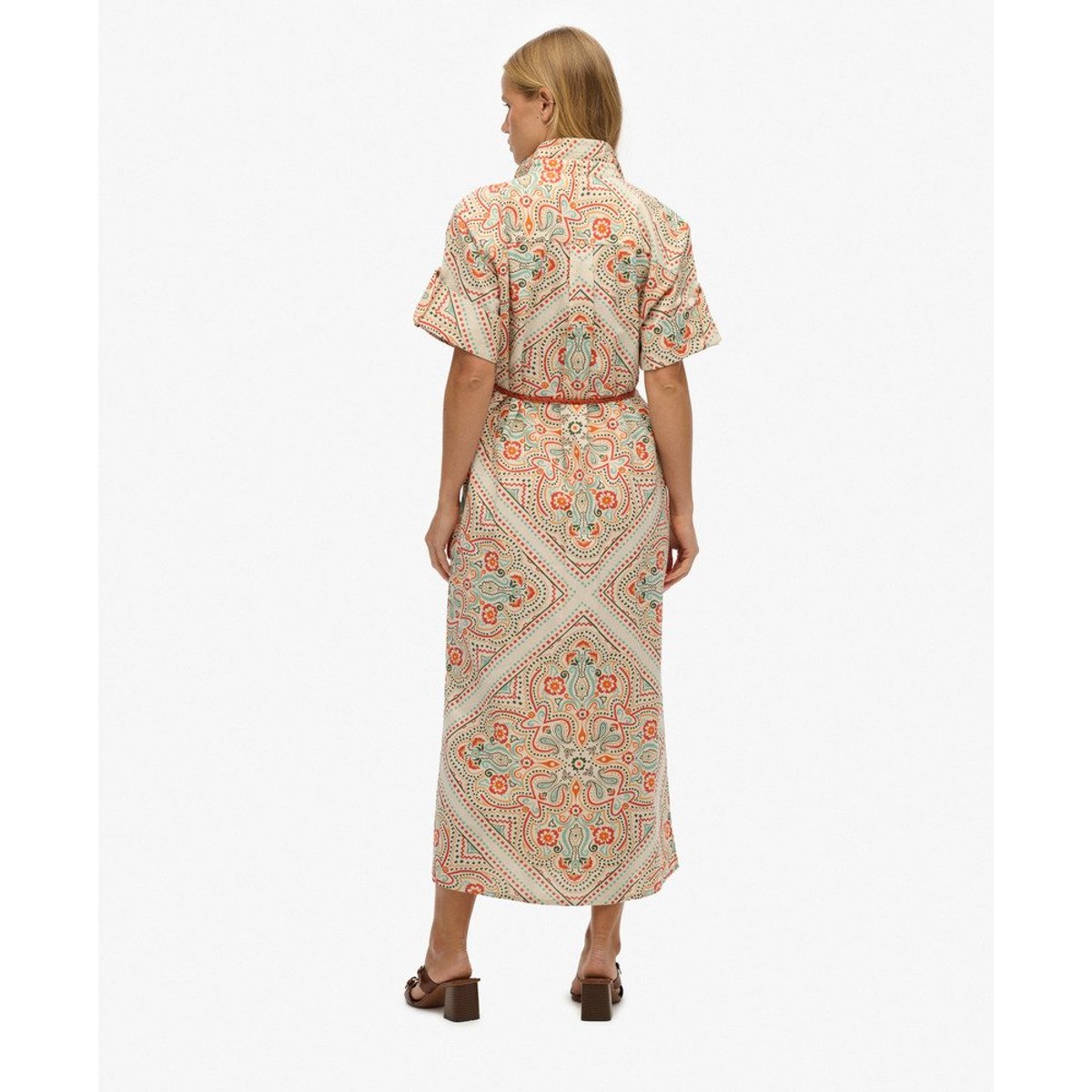 Robe-chemise longue en lin crème imprimé mosaïque matera, SUPERDRY