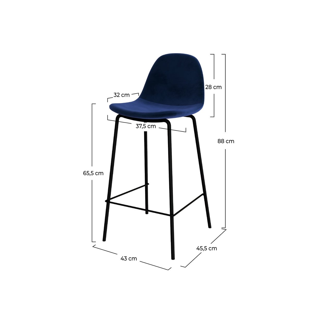 Lot de 2 chaises pour îlot central 65 cm en velours - HENRIK bleu foncé, MAISON PAVANE