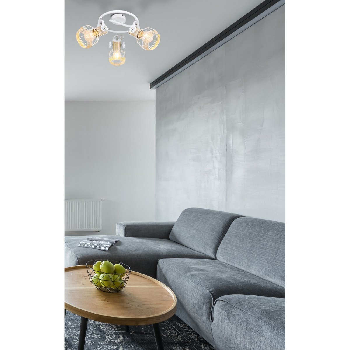 Plafonnier rond 3 spots en métal et bois avec corde BANA blanc, GLOBO LIGHTING