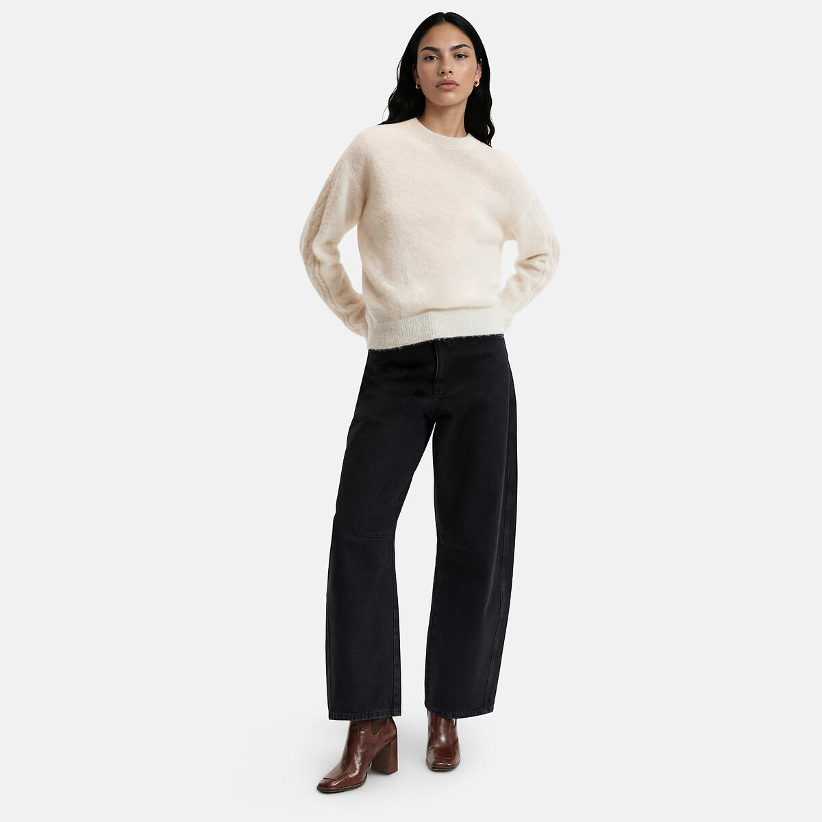 Pull col rond à manches torsadées, en alpaga mélangé beige lin, LA REDOUTE COLLECTIONS