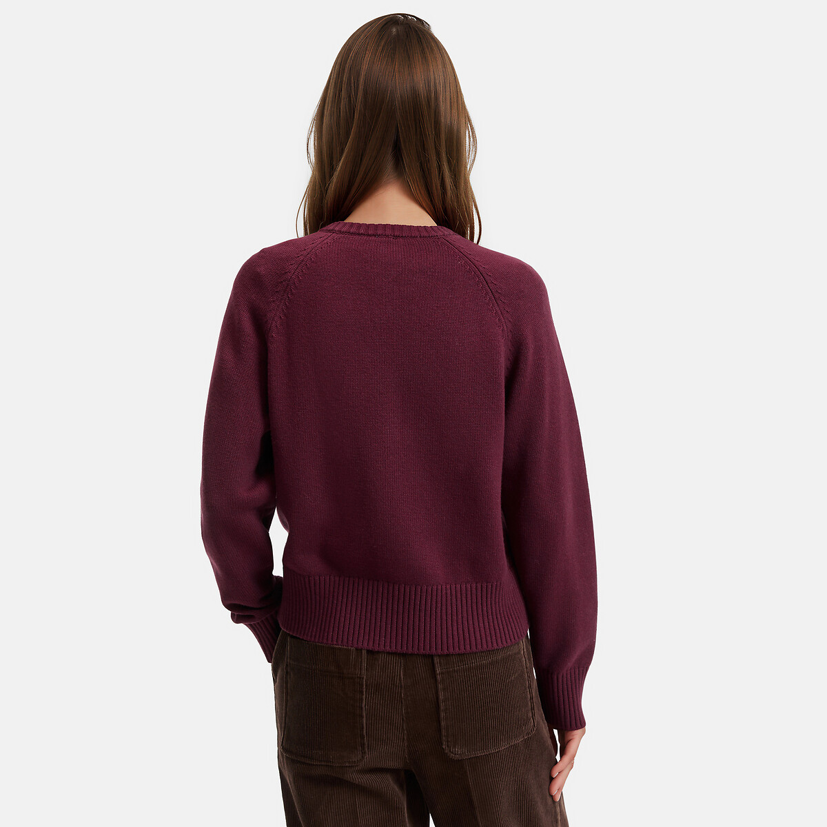 Cárdigan corto, cuello redondo, mezcla de lana y algodón, cierre con botones rojo burdeos, LA REDOUTE COLLECTIONS