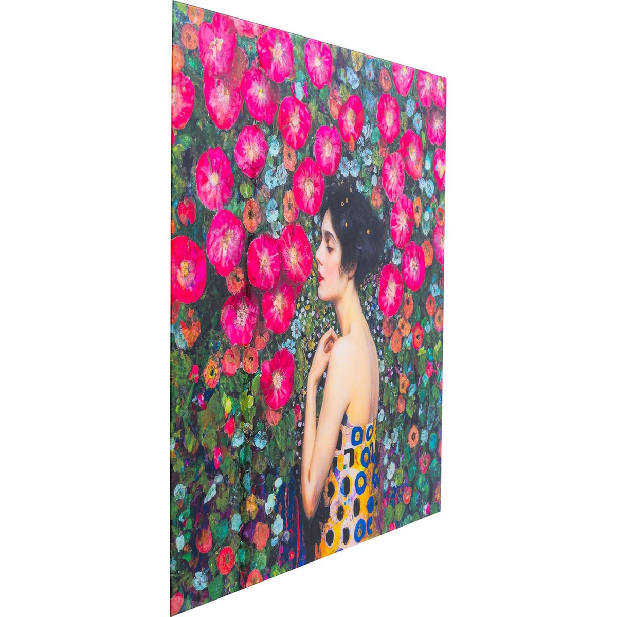 Tableau en verre femme et mur de fleurs multicolore, KARE DESIGN
