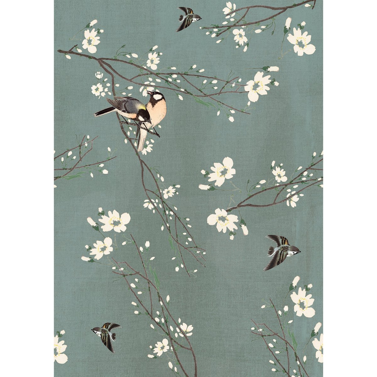 Papier peint panoramique Fleurs et oiseaux du Japon vert bleuté, écru, SUPERFRESCO EASY